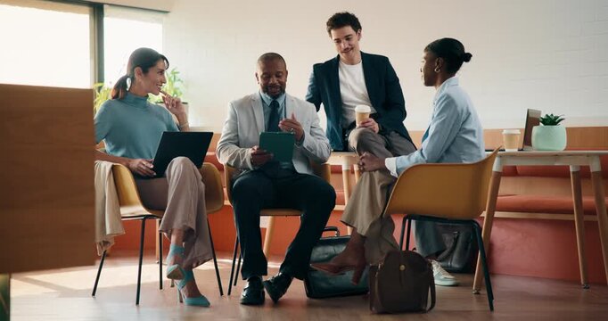 Team, meeting or business people in coffee shop on tech for planning, project strategy and feedback. Cafe, startup or men with women on tablet, laptop and talking for campaign, idea and collaboration