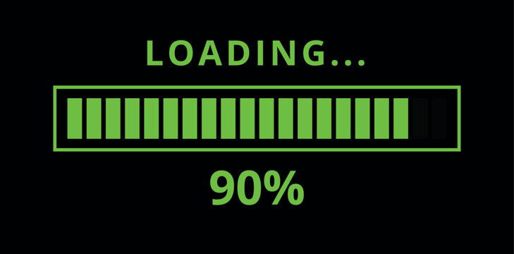 Vector illustration of a green loading bar isolated on a black background for websites and graphic resources. 90% loaded bar.