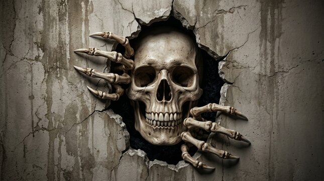 Skeleton Breaking Through Concrete Wall