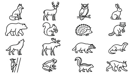 Fototapeta premium Minimalist forest animal icons, set of 16 woodland wildlife line art vectors, black outline wild animal silhouettes for nature branding