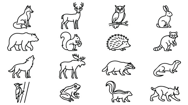 Minimalist forest animal icons, set of 16 woodland wildlife line art vectors, black outline wild animal silhouettes for nature branding