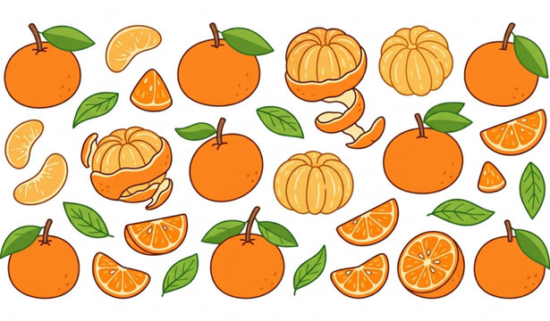 Fresh mandarin illustration collection with cute cartoon citrus fruit vector elements