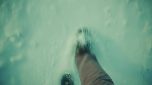 Foot Fast Walking In Deep Snow In Winter Forest Path. Leisure Outdoors 