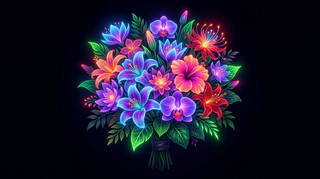 Luminous Neon Flower Bouquet Dark Background Art