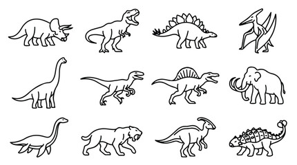 Minimalist dinosaur line art collection, 12 prehistoric animal vector icons, black and white extinct creature silhouettes for educational design © Saad