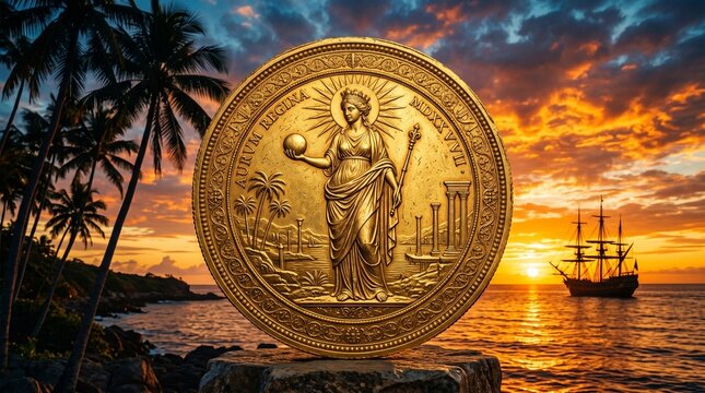 Golden sun shines behind the Great Seal of Florida, featuring a sabal palm, steamboat, and Native American woman, symbolizing the state's rich ... See More