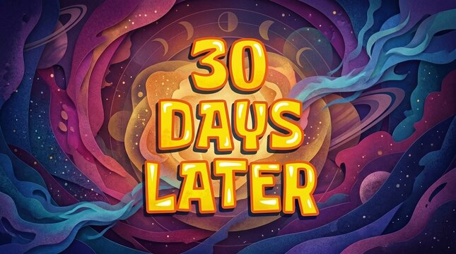 A vibrant 2D graphic displaying the phrase "30 DAYS LATER" in large yellow text with a bold dark drop shadow. The background is a detailed kaleidoscope-style design filled with colorful geometric hexa