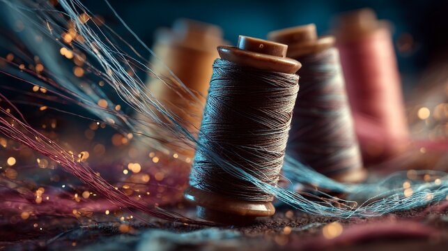 Thread bobbins with loose thread flowing dynamically across fabric, creative sewing concept for textile design, tailoring, and handmade crafting themes.