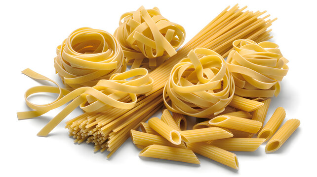 A variety of pasta shapes and types arranged on a white surface