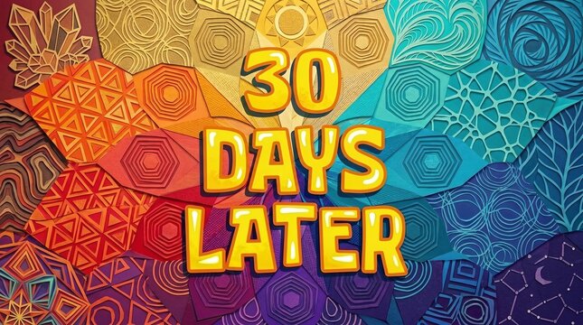 A vibrant 2D graphic displaying the phrase "30 DAYS LATER" in large yellow text with a bold dark drop shadow. The background is a detailed kaleidoscope-style design filled with colorful geometric hexa