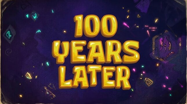 A pop art style 2D graphic illustration featuring the text "100 YEARS LATER" in prominent yellow bubble lettering. The subject is layered over a deep cosmic space background filled with stars, nebula 