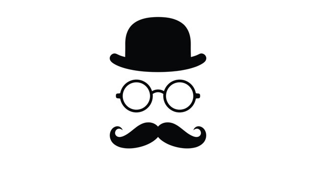 Minimalist black illustration featuring a classic bowler hat with round spectacles and a curled mustache