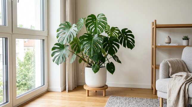 Monstera deliciosa in modern interior with natural light