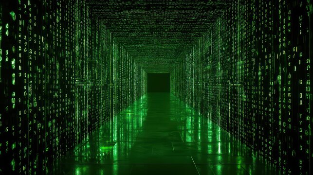 Digital tunnel of green binary code