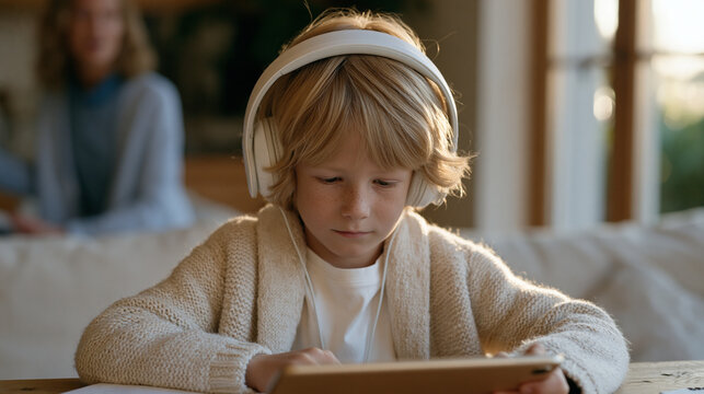 Young child with an auditory processing learning disability wears over-ear headphones while a homework help AI chat interface reads aloud written answers on a screen-reader-equipped tablet, a speech