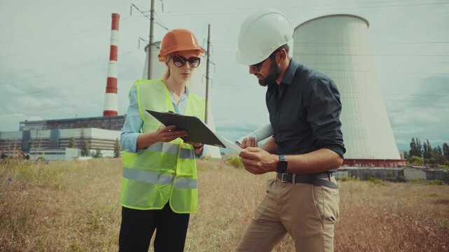 Engineers Discussing Blueprint Plan Project Near Energy Object. Control Power Plant Construction Work. Infrastructure Specialists