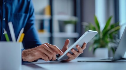 Fototapeta premium Professional businessman using digital tablet for data analysis in modern corporate office workplace environment.