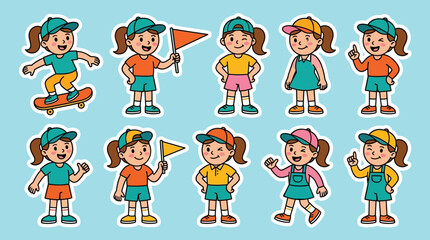 Fototapeta premium Cute Cartoon Girl Sticker Pack: Diverse Poses and Activities