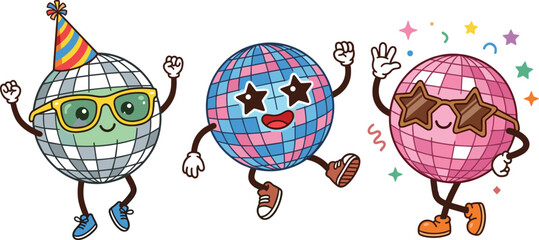 Cute Cartoon Disco Ball Characters Icon Set with Party Glasses, Star-Shaped Sunglasses, Dancing Fun, Colorful Celebration, Music, Dance, and Festival Illustration Designs © Sultana