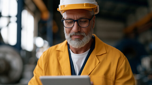 Hearing-impaired factory worker in a loud industrial environment pauses during a safety training video, using auto generated closed captions on a ruggedized portable screen to follow procedure instr