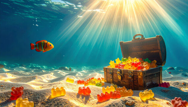 A curious fish explores a sunken treasure chest overflowing with colorful gummy candies under bright ocean sunlight