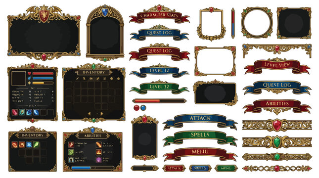 Fantasy RPG game UI kit, ornate golden medieval interface elements, vintage quest log and inventory frames, decorative vector menu set