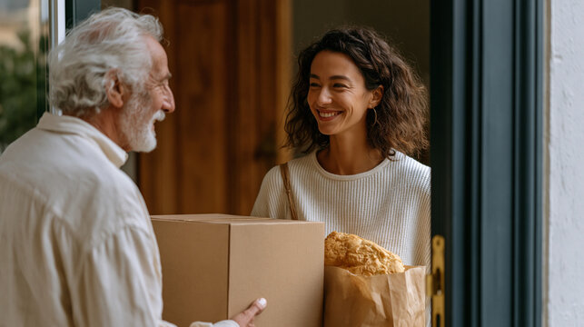 Elderly widower opening apartment door to smiling young companion volunteer carrying board game box and bakery bag, social isolation prevention, senior friend program, mental health support, communi