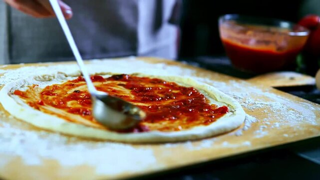 Chef Spreading Tomato Sauce On Pizza Dough Raw Base. Italian Food 