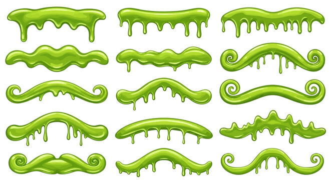 green slime dripping liquid border design elements in cartoon style perfect for halloween graphics sweet candy and party decorations.