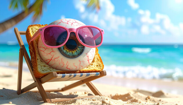 A Giant Eyeball Wearing Pink Sunglasses Lounging on a Toast Beach Chair at the Ocean Shore