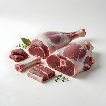 Fresh Raw Goat Meat Leg and Shank with Herbs on White Background