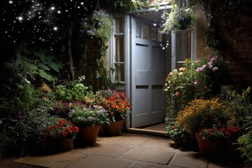 Fototapeta premium Charming Flower-Filled Cottage Entrance at Night