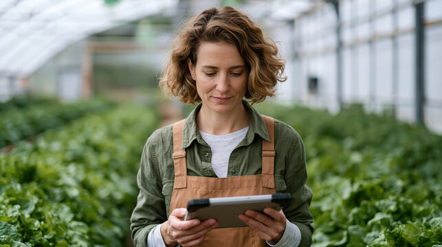 Agronomist walking between polytunnel rows studying AI plant health monitoring readouts on ruggedized tablet, greenhouse infrastructure visible, misting system active overhead, precision agriculture