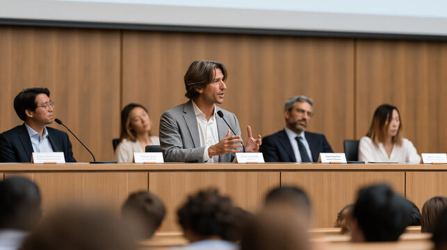 Academic panel at university symposium debating AI governance ethics, four multicultural scholars seated behind name placards on elevated stage, audience visible, formal lecture hall, moderator gest