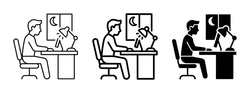 Night Study, Remote Work, Late Night Desk Setup, Person Studying at Computer, Office Lamp, Moon Window