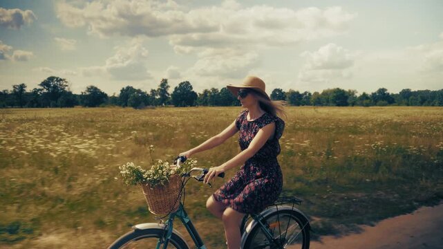 Woman Riding Vintage Bicycle With Flower Basket On Summer Meadow. Outdoor Leisure 