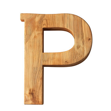 Top view of a 3D letter P made of plywood isolated on a white transparent background