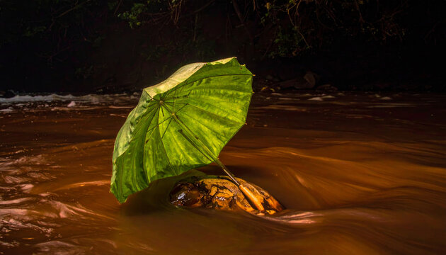 A giant green leaf umbrella shelters a stone on a flowing river of rich chocolate, a surreal conceptual still life.