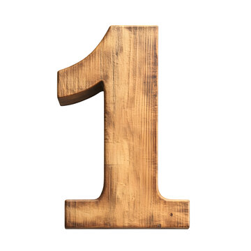 Top view of a 3D number 1 made of plywood isolated on a white transparent background