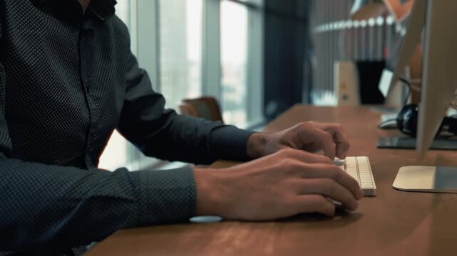 Typing On Computer Keyboard Using Mouse. Developing Business Project In Office