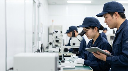 Naklejka premium 製造業の現場で顕微鏡を使った品質管理のOJTを受ける若手女性と指導する男性技術者