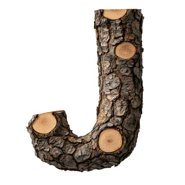 Top view of a 3D letter J made of pine tree bark isolated on a white transparent background