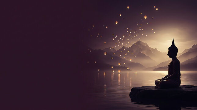 Buddha silhouette meditating by a tranquil lake, surrounded by mystical mountains and ascending spiritual lanterns