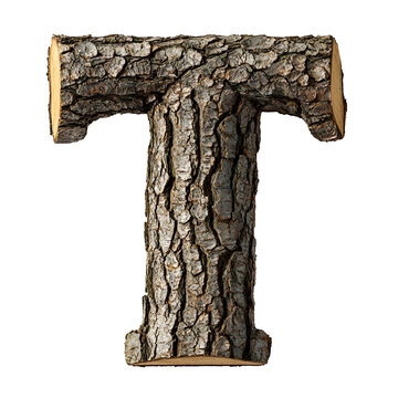 Top view of a 3D letter T made of pine tree bark isolated on a white transparent background