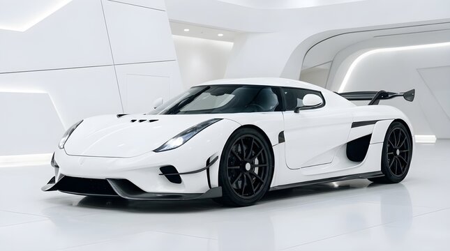 Sleek White Luxury Supercar in Futuristic Modern Architecture High-End White Sports Car Inside Minimalist Exhibition Showroom Cutting-Edge Exotic Concept Car in High-Tech Sci-Fi Interior
