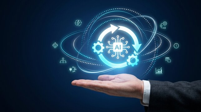 Artificial intelligence ai concept with a hand holding a glowing ai chip icon, gears, and circular arrows, representing automation and innovation in technology