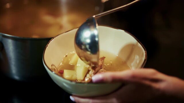 Cook Hand Pouring Hot Chicken Soup With Ladle Into Ceramic Bowl. Healthy Organic Lunch 