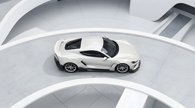 Sleek White Luxury Supercar in Futuristic Modern Architecture High-End White Sports Car Inside Minimalist Exhibition Showroom Cutting-Edge Exotic Concept Car in High-Tech Sci-Fi Interior