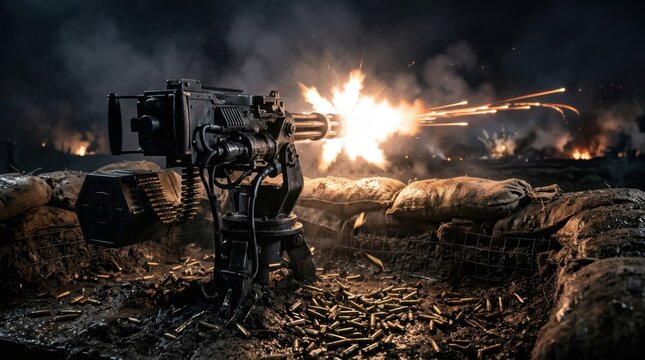 Gatling gun firing from a fortified trench at night in a war zone