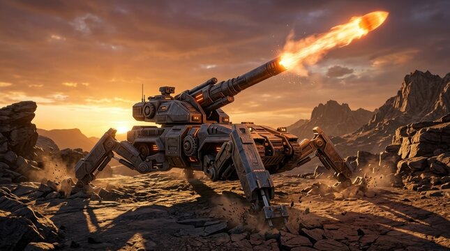 Futuristic scifi spider tank firing cannon on alien rocky landscape